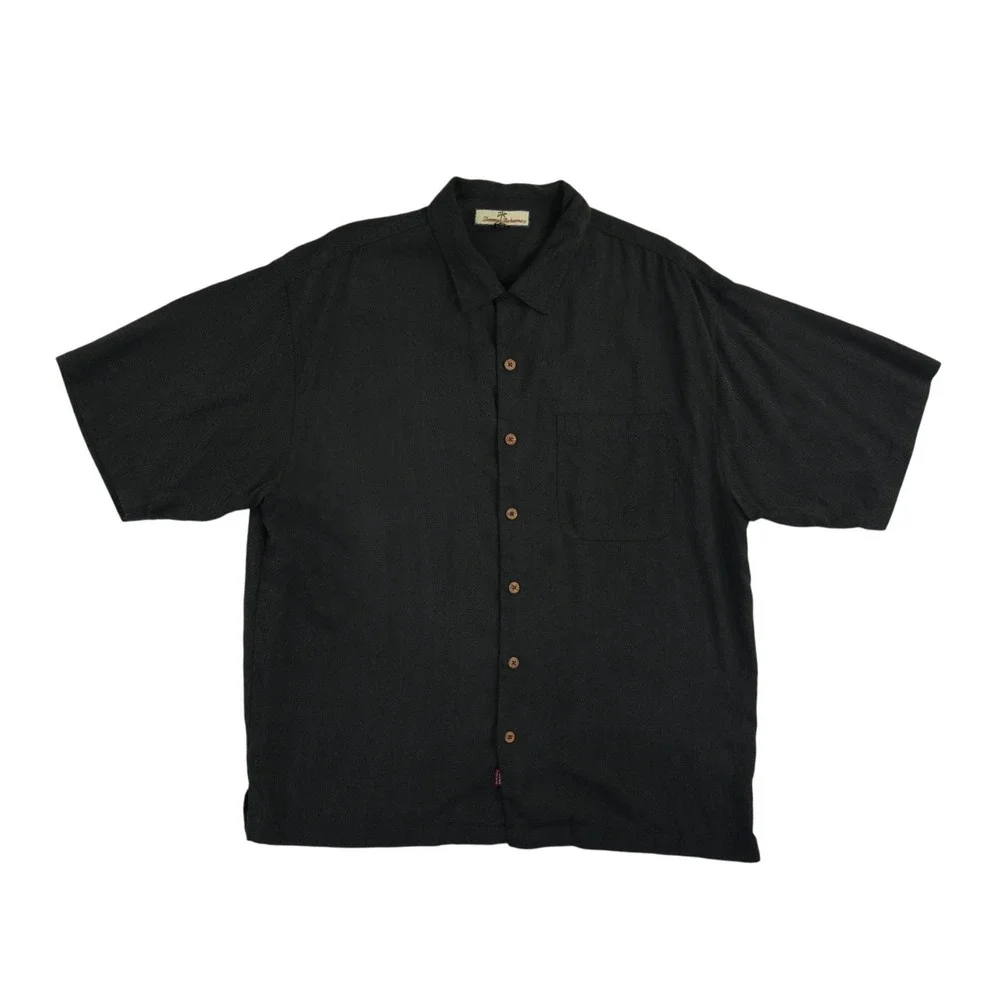 Tommy Bahama 100% Silk Camp Shirt Mens Size XL Black Silk Herringbone Button Top